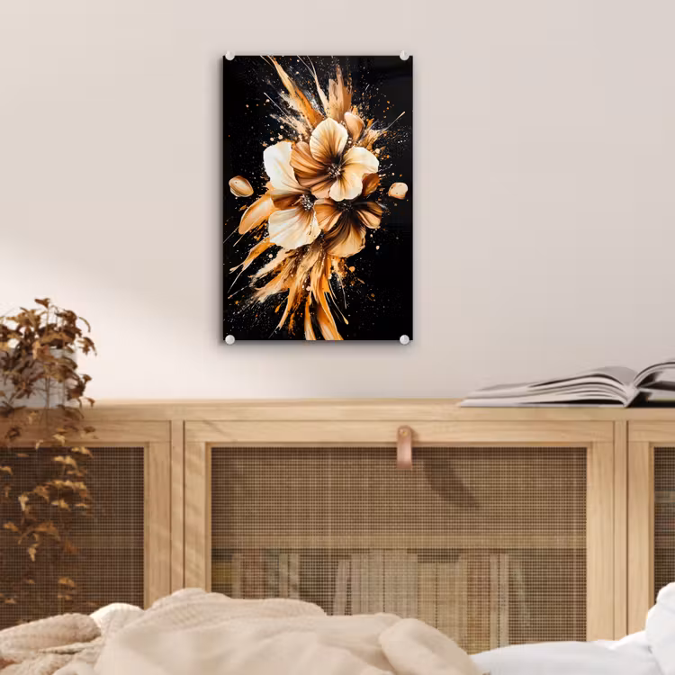 Glas schilderij - Bloemen - Goud - Graffiti - Zwart - Abstract — 5