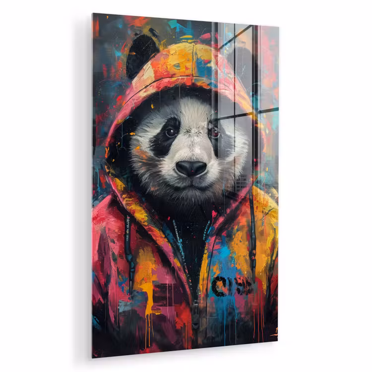 Glas schilderij - Graffiti - Panda - Jas - Kleurrijk — 1