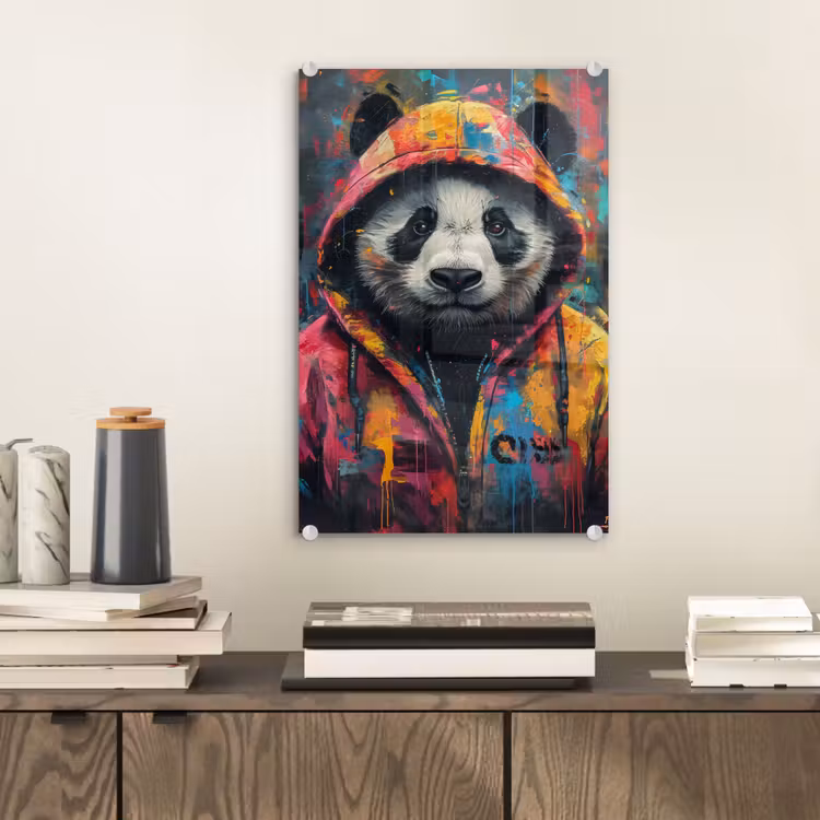 Glas schilderij - Graffiti - Panda - Jas - Kleurrijk — 2