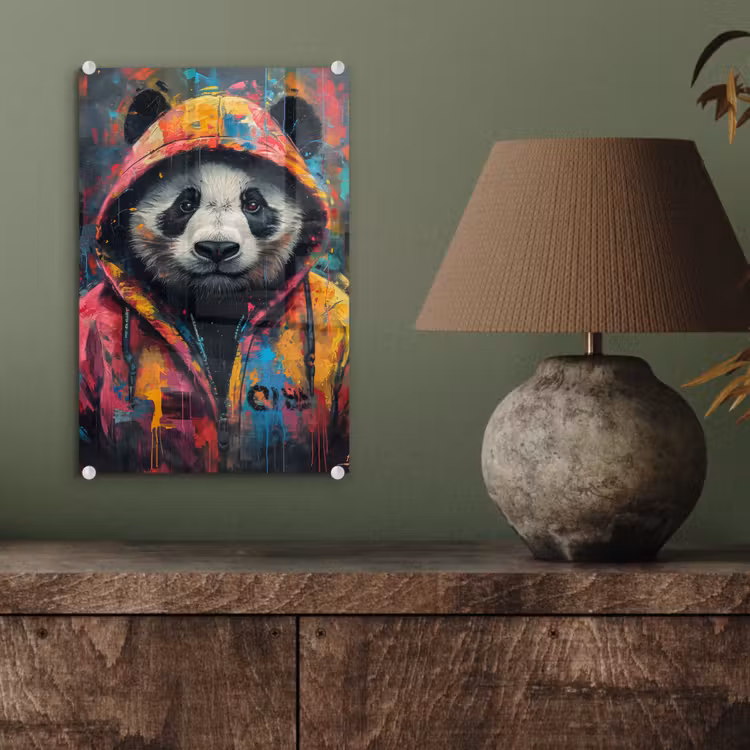 Glas schilderij - Graffiti - Panda - Jas - Kleurrijk — 4