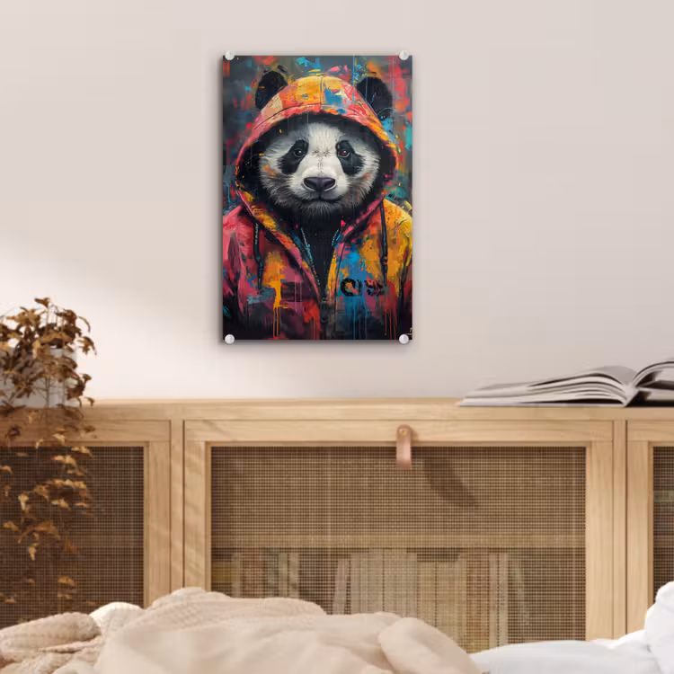 Glas schilderij - Graffiti - Panda - Jas - Kleurrijk — 5