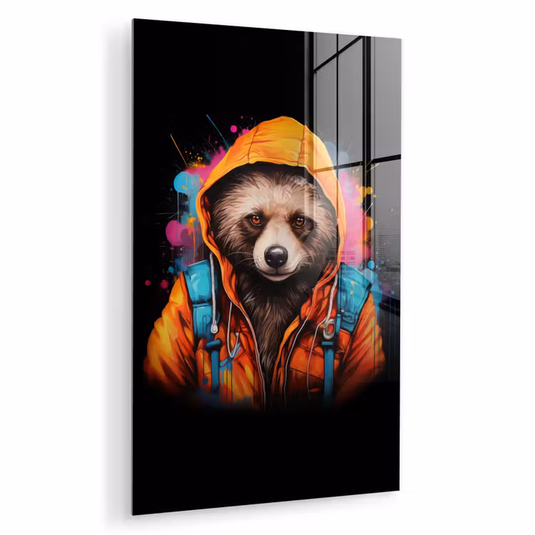 Glas schilderij - Graffiti - Wasbeer - Jas - Zwart — 1