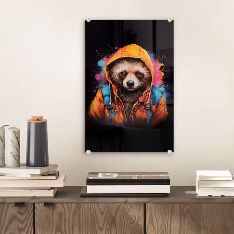 Glas schilderij - Graffiti - Wasbeer - Jas - Zwart — 2