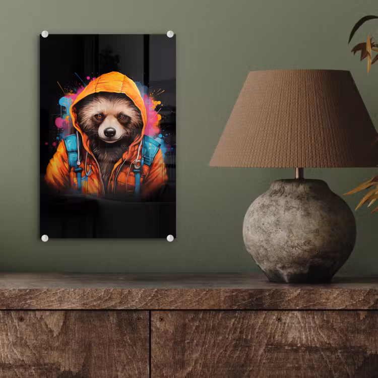 Glas schilderij - Graffiti - Wasbeer - Jas - Zwart — 4
