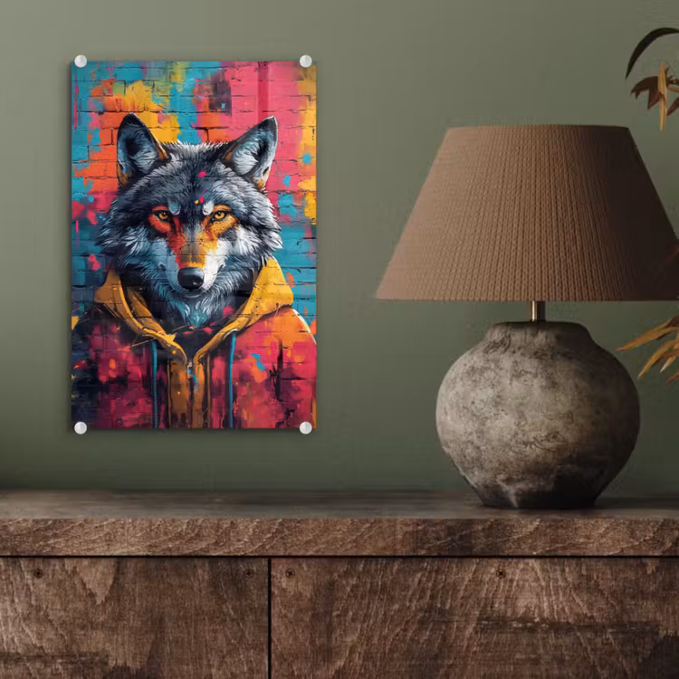 Glas schilderij - Graffiti - Wolf - Street art - Blauw — 4