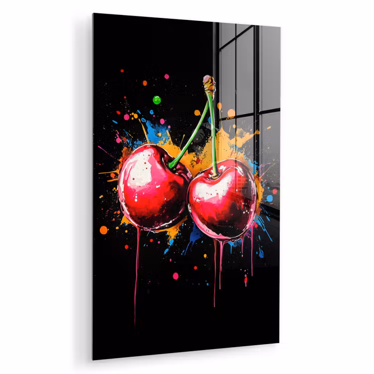 Glas schilderij - Kersen - Fruit - Graffiti - Verf - Abstract - Modern - Kleurrijk — 1