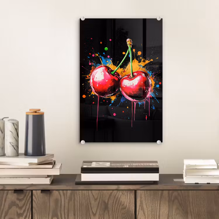 Glas schilderij - Kersen - Fruit - Graffiti - Verf - Abstract - Modern - Kleurrijk — 2