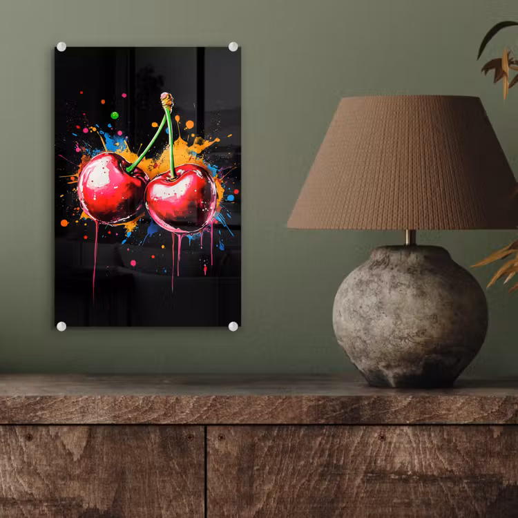 Glas schilderij - Kersen - Fruit - Graffiti - Verf - Abstract - Modern - Kleurrijk — 4