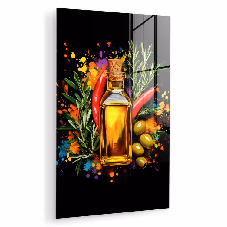 Glas schilderij - Olijfolie - Graffiti - Peper - Olijven - Modern — 1