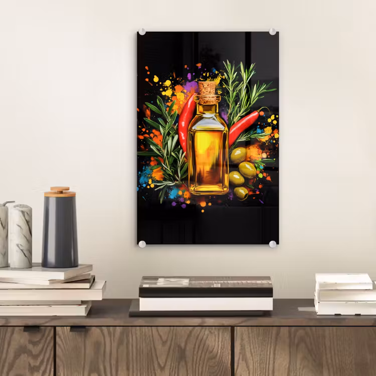 Glas schilderij - Olijfolie - Graffiti - Peper - Olijven - Modern — 2