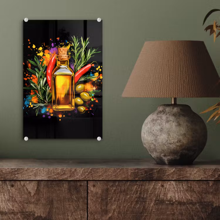 Glas schilderij - Olijfolie - Graffiti - Peper - Olijven - Modern — 4