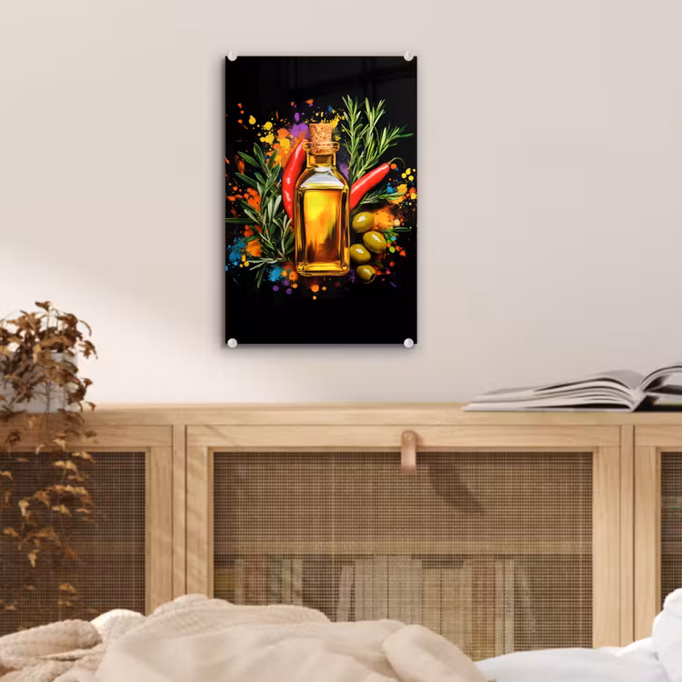 Glas schilderij - Olijfolie - Graffiti - Peper - Olijven - Modern — 5