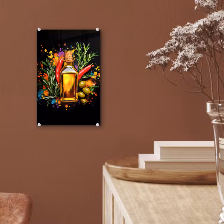 Glas schilderij - Olijfolie - Graffiti - Peper - Olijven - Modern — 6