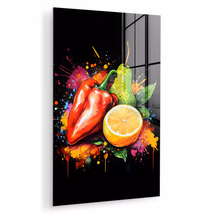 Glas schilderij - Paprika - Peer - Citroen - Graffiti - Verf - Abstract — 1