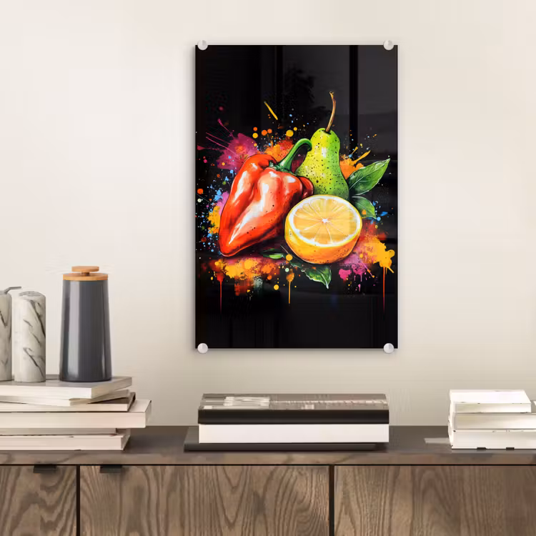 Glas schilderij - Paprika - Peer - Citroen - Graffiti - Verf - Abstract — 2