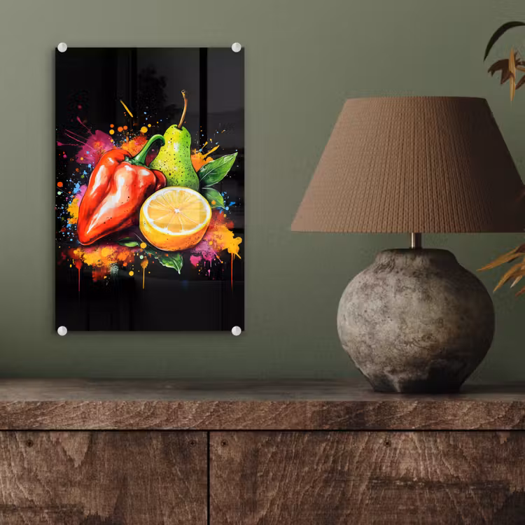 Glas schilderij - Paprika - Peer - Citroen - Graffiti - Verf - Abstract — 4