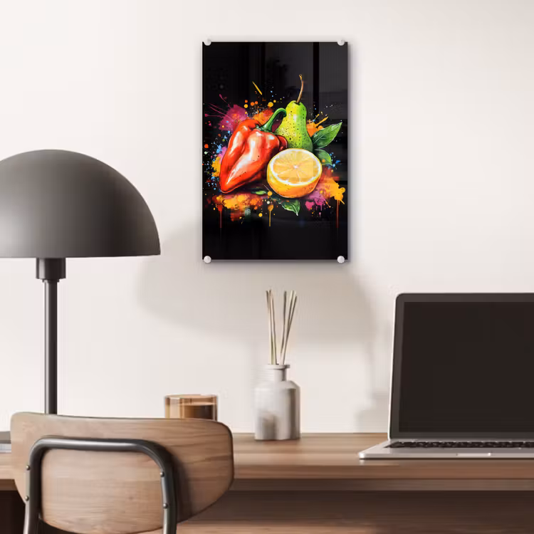 Glas schilderij - Paprika - Peer - Citroen - Graffiti - Verf - Abstract — 7