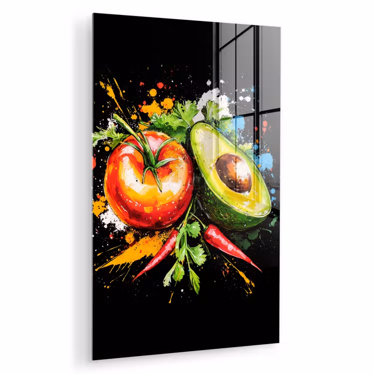 Glas schilderij - Tomaat - Avocado - Peper - Graffiti - Verf - Modern — 1
