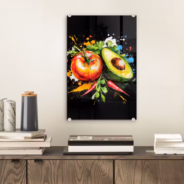 Glas schilderij - Tomaat - Avocado - Peper - Graffiti - Verf - Modern — 2