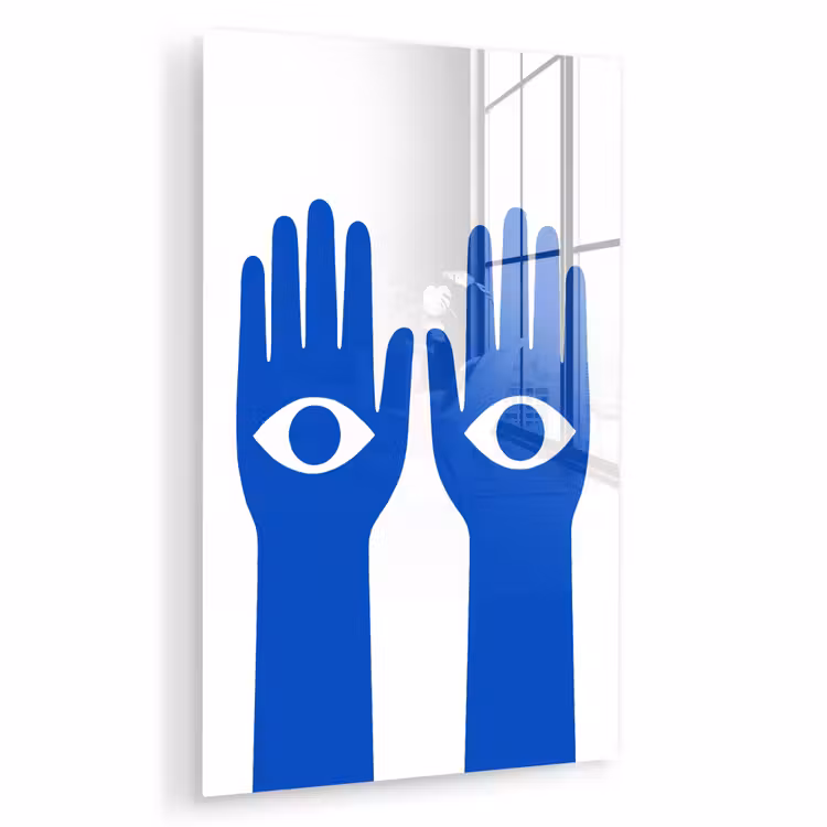 Glas schilderij - Handen - Twee - Ogen - Blauw — 1