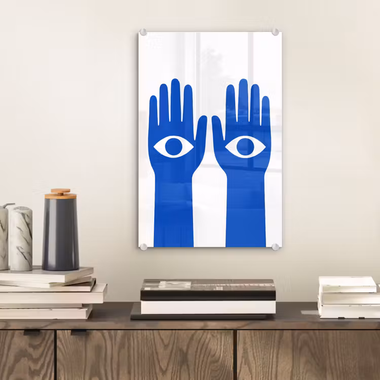 Glas schilderij - Handen - Twee - Ogen - Blauw — 2