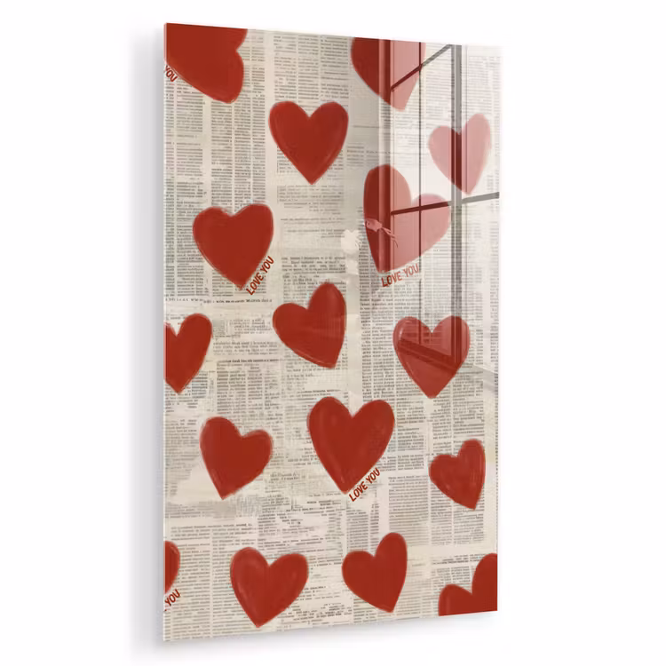 Glas schilderij - Hartjes - Krant - Loveyou — 1