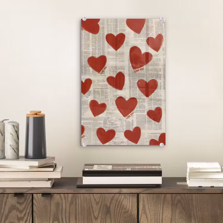 Glas schilderij - Hartjes - Krant - Loveyou — 2