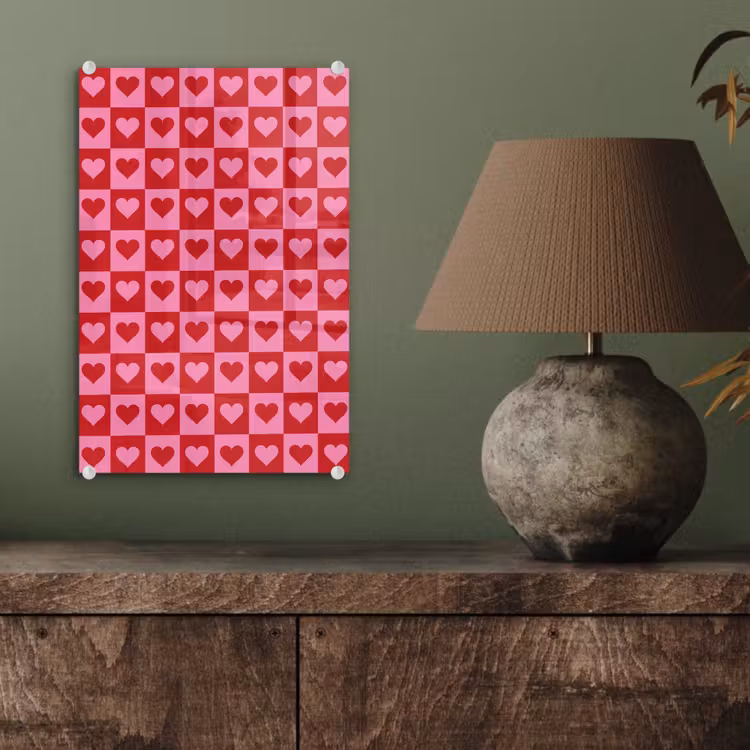 Glas schilderij - Rood - Roze - Schaakbord - Valentijn — 4