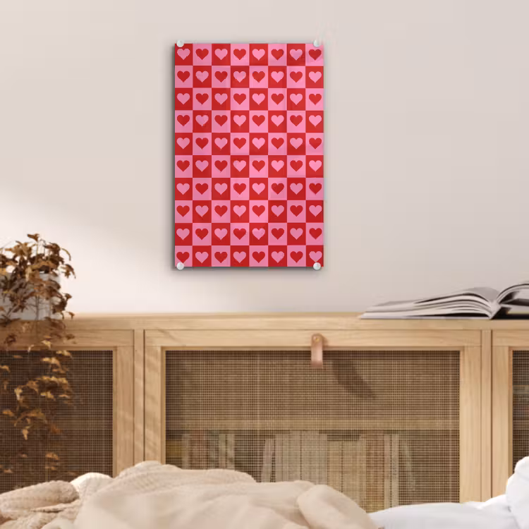 Glas schilderij - Rood - Roze - Schaakbord - Valentijn — 5
