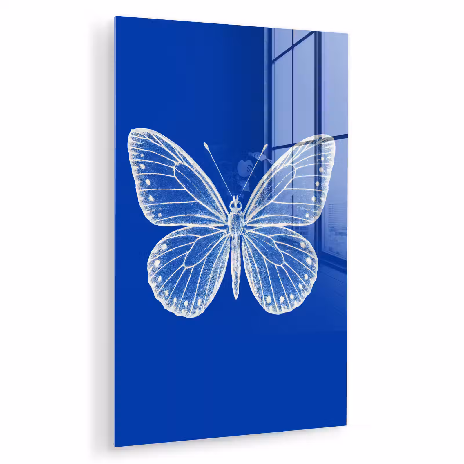 Glas schilderij - Vlinder - Wit - Getekend - Stippen — 1