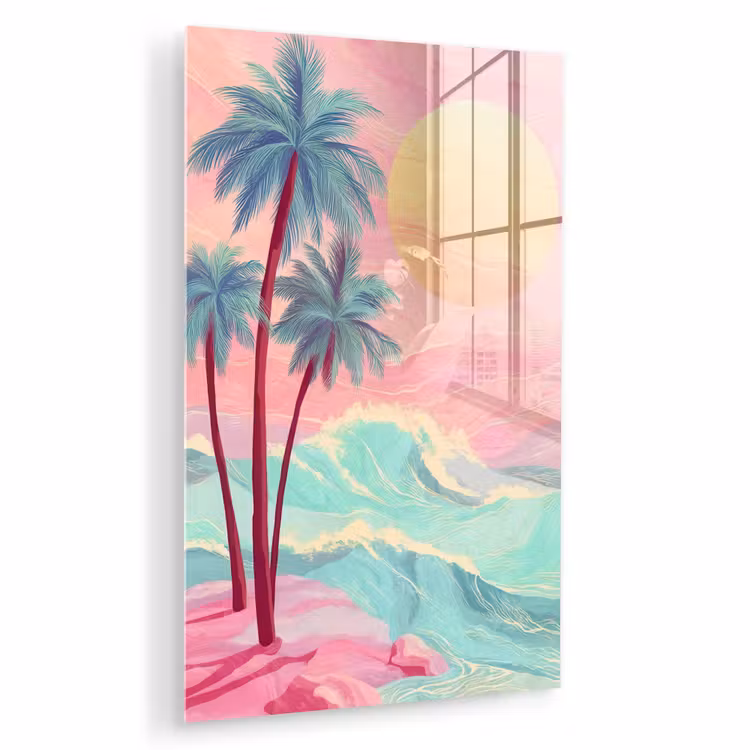 Glas schilderij - Palmbomen - Golven - Zee — 1