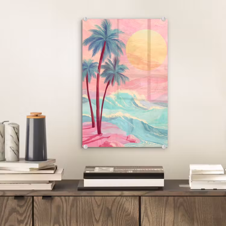 Glas schilderij - Palmbomen - Golven - Zee — 2
