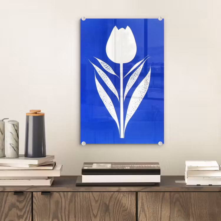 Glas schilderij - Tulp - Minimalistisch - Bladeren - Wit — 2