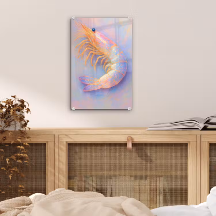 Glas schilderij - Garnaal - Subtiele structuur - Blauw - Roze — 5