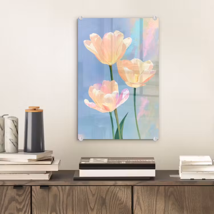 Glas schilderij - Tulpen - Roze accenten - Blauw — 2