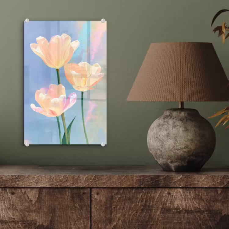 Glas schilderij - Tulpen - Roze accenten - Blauw — 4