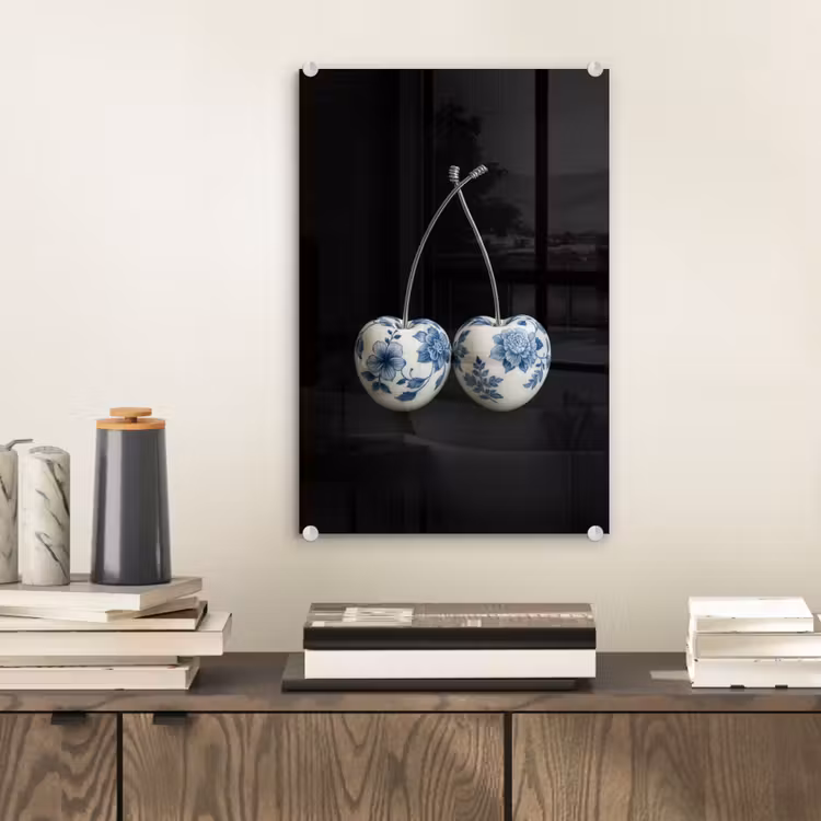 Glas schilderij - Kersen - Delfts blauw - Fruit — 2