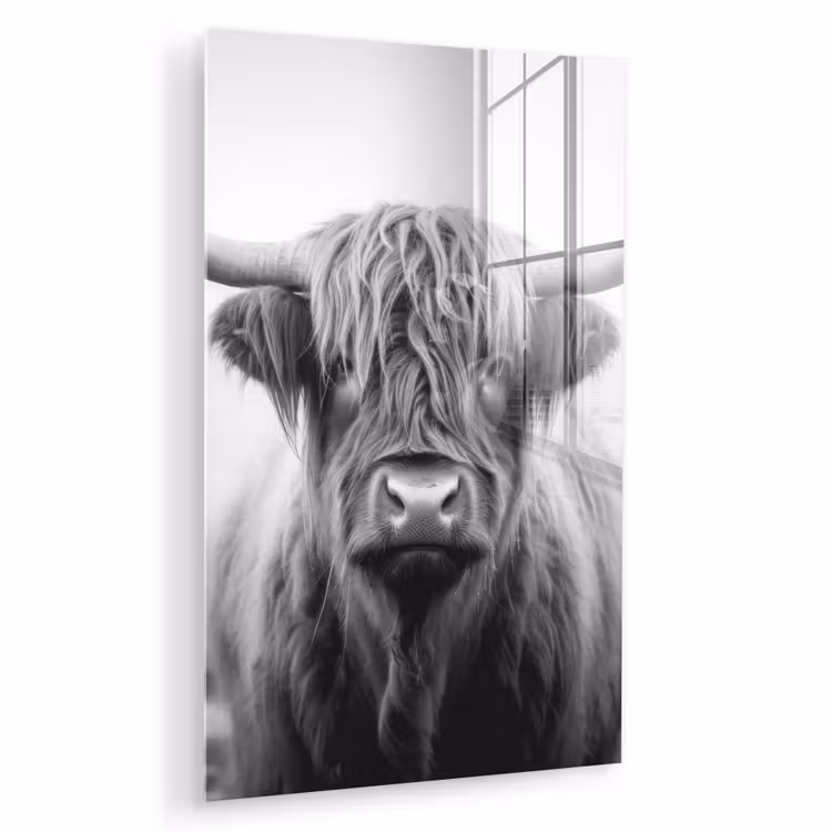 Glas schilderij - Schotse hooglander - Mist - Zwart - Wit — 1