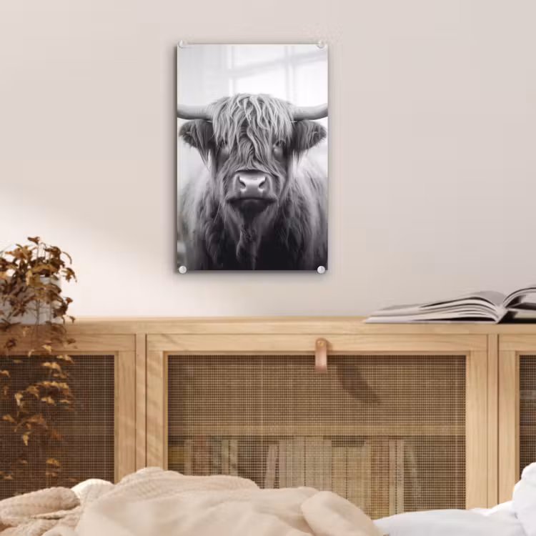Glas schilderij - Schotse hooglander - Mist - Zwart - Wit — 5