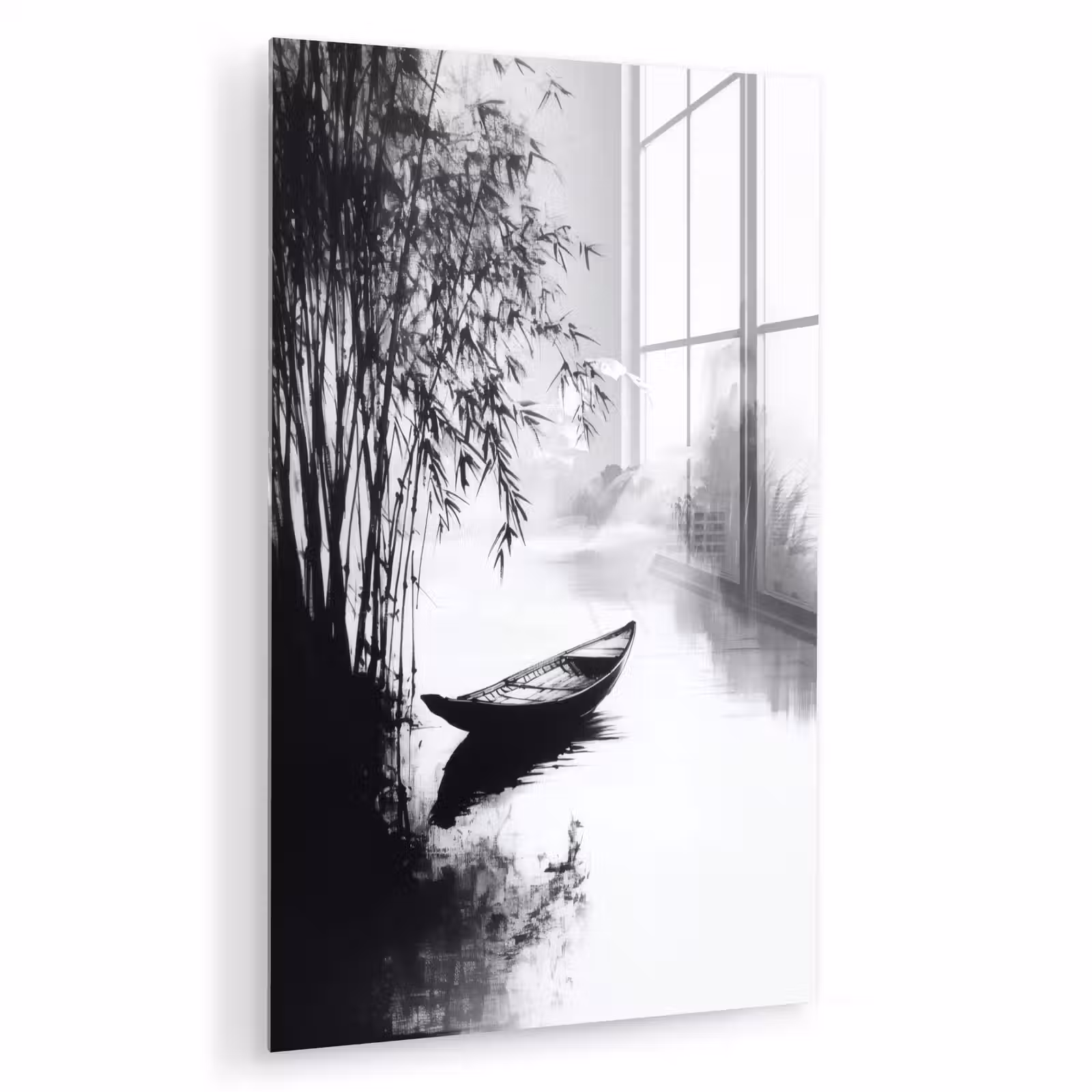 Glas schilderij - Boot - Rivier - Bamboe - Wit — 1