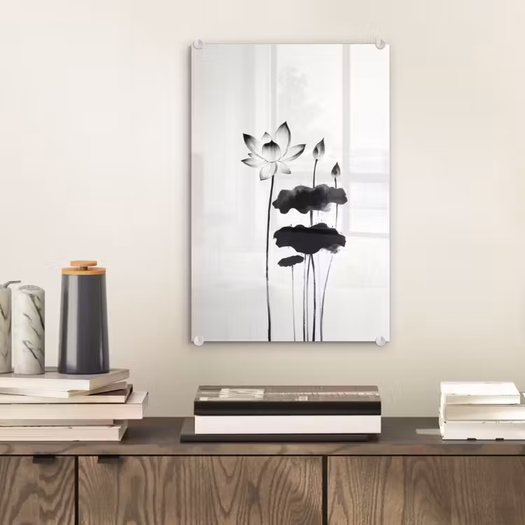 Glas schilderij - Bladeren - Zwart - Lotusbloem - Minimalitisch — 2