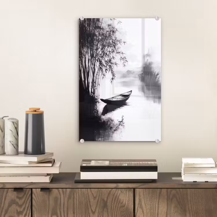 Glas schilderij - Boot - Rivier - Bamboe - Wit — 2