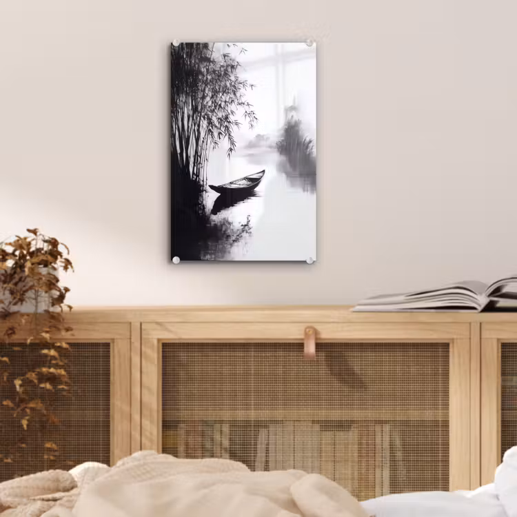 Glas schilderij - Boot - Rivier - Bamboe - Wit — 5