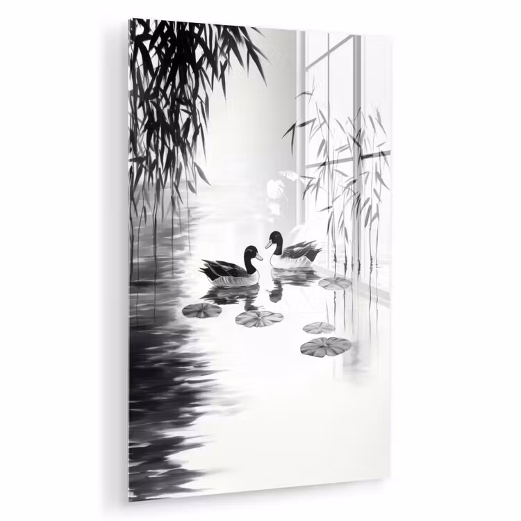 Glas schilderij - Eenden - Waterlelies - Riet - Zwart — 1