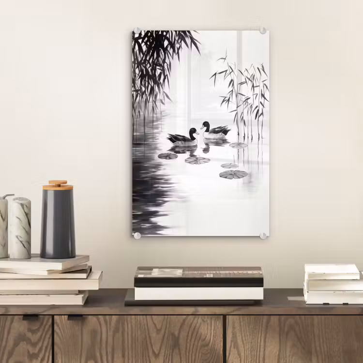 Glas schilderij - Eenden - Waterlelies - Riet - Zwart — 2