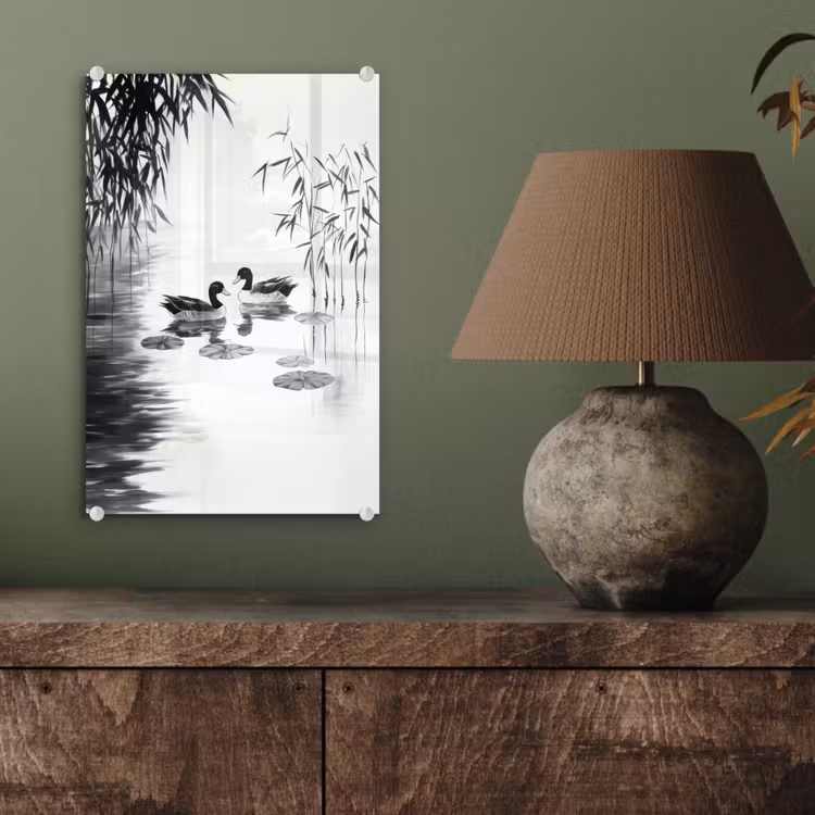 Glas schilderij - Eenden - Waterlelies - Riet - Zwart — 4