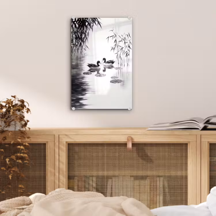 Glas schilderij - Eenden - Waterlelies - Riet - Zwart — 5