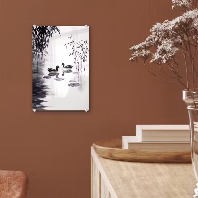 Glas schilderij - Eenden - Waterlelies - Riet - Zwart — 6