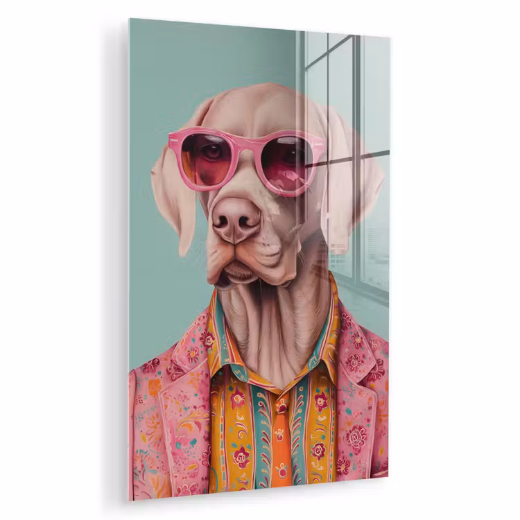 Glas schilderij - Hond - Overhemd - Bloemen - Bril — 1