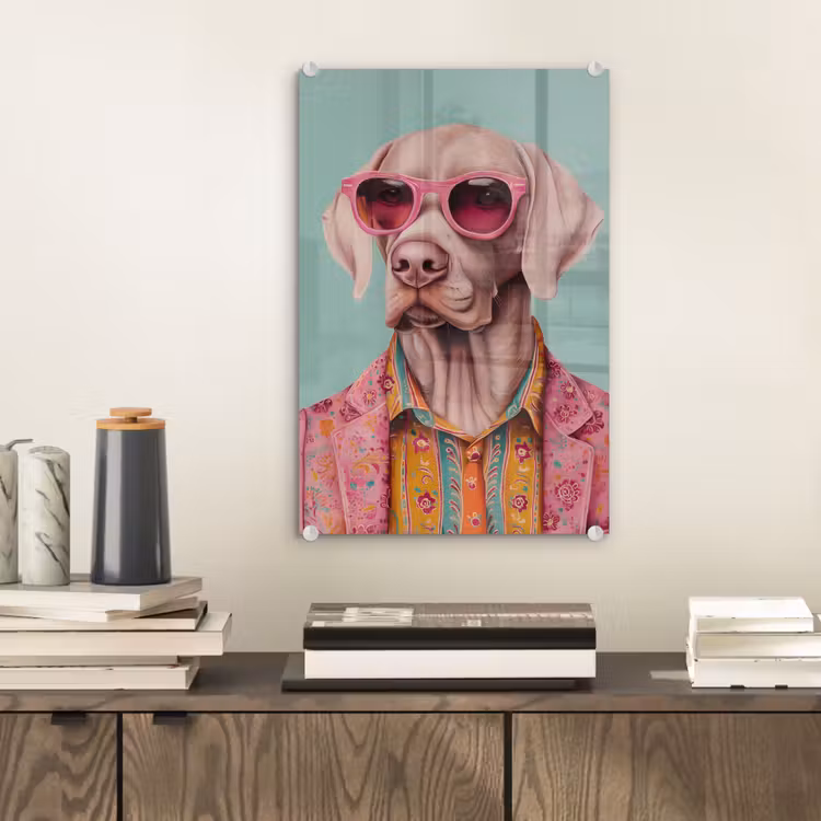 Glas schilderij - Hond - Overhemd - Bloemen - Bril — 2